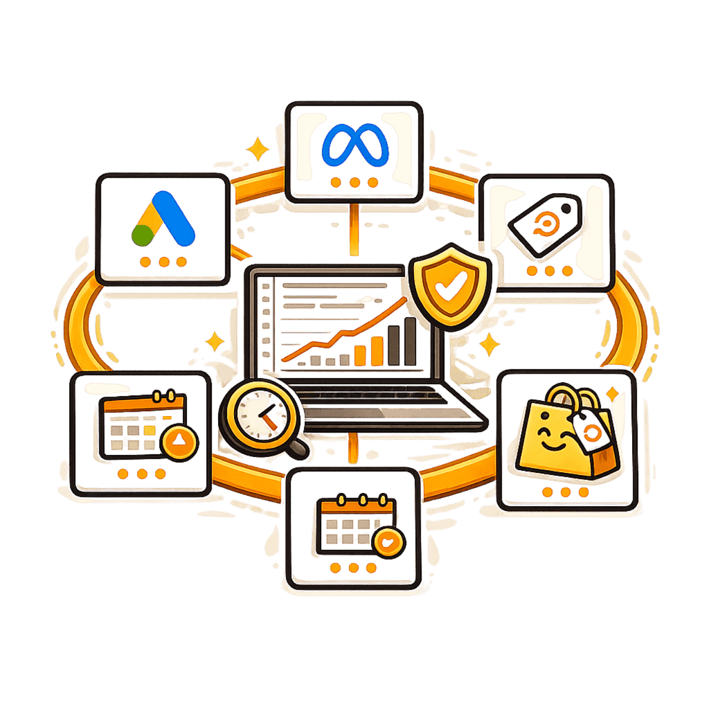 Illustration of accurate analytics data feeding Google Ads, Meta, tag manager, store and booking systems