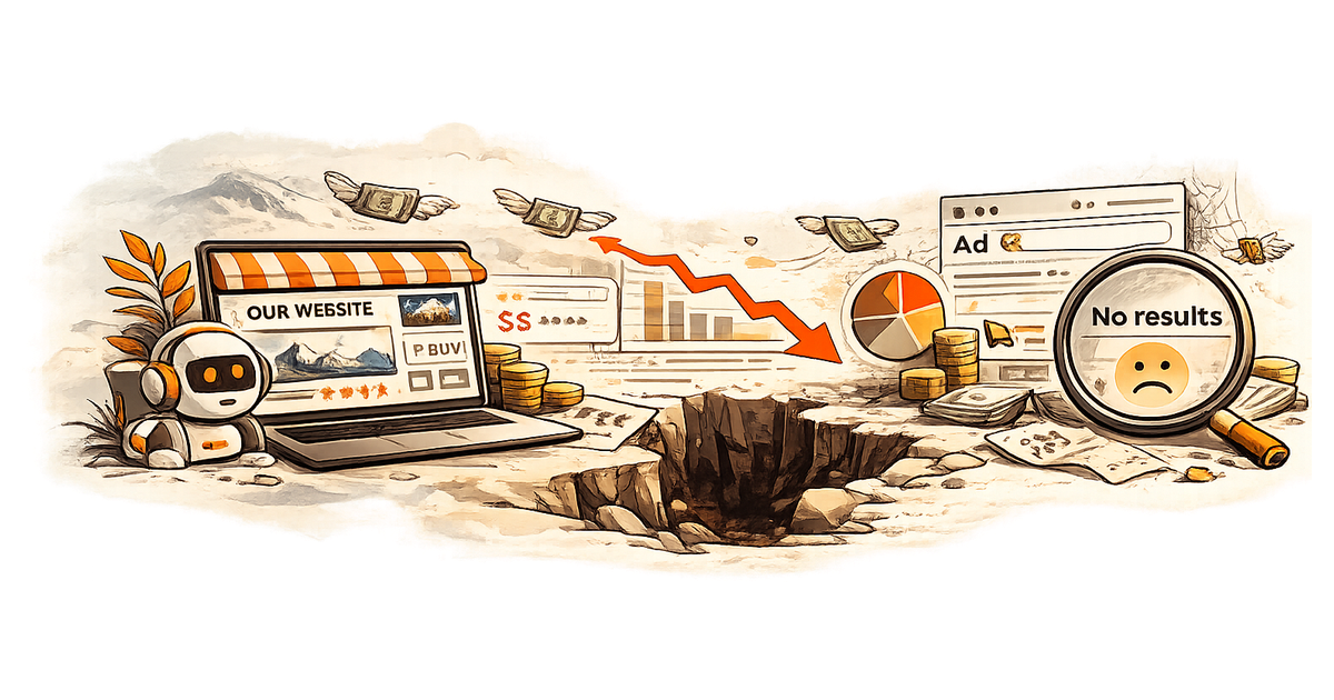 Illustration of an AI-built website next to a downward revenue arrow and a 'no results' search, money flying away into a hole in the ground