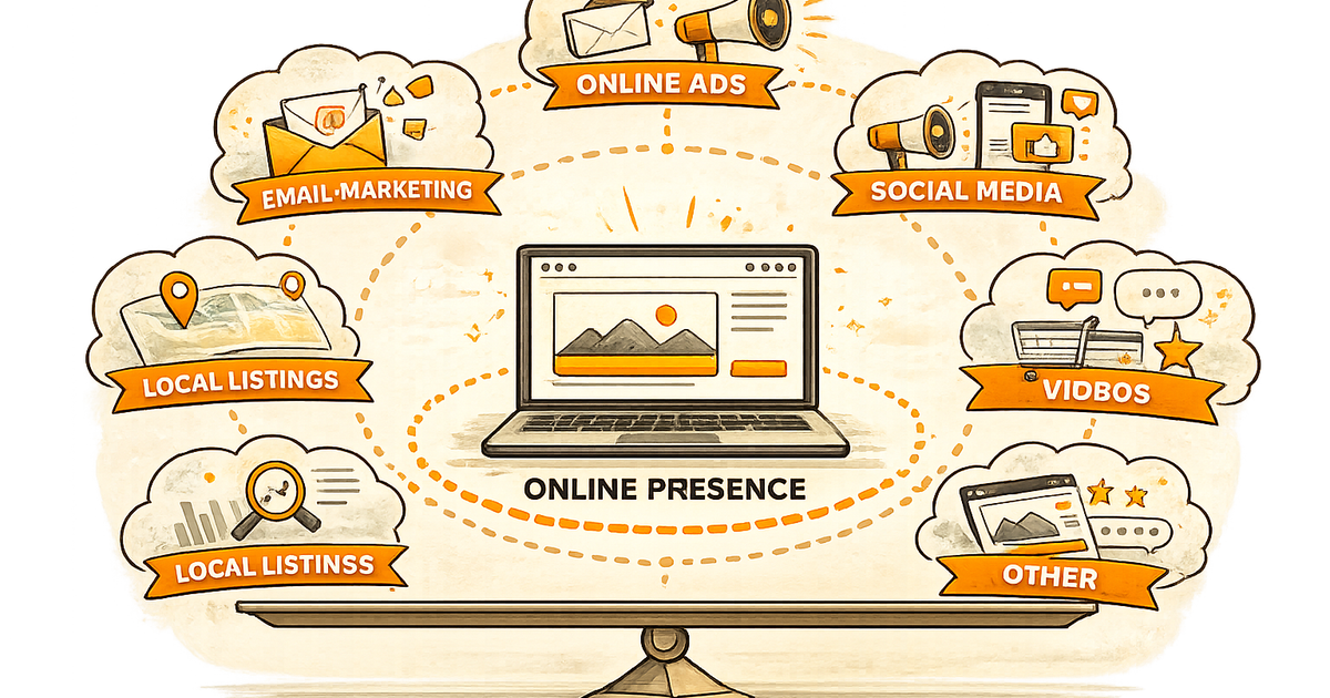 Illustration showing a website as only one part of a wider digital and online presence