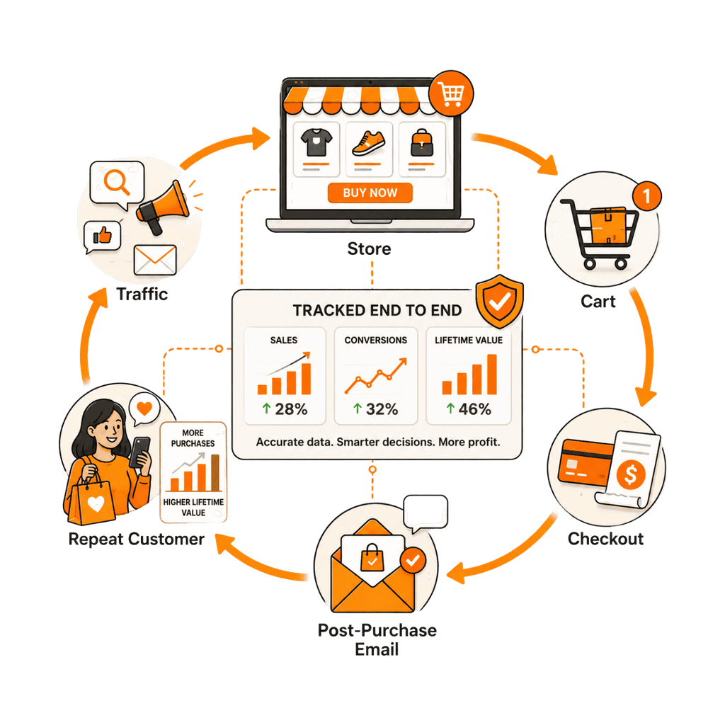 Illustration of a full-funnel ecommerce store growing its direct online sales