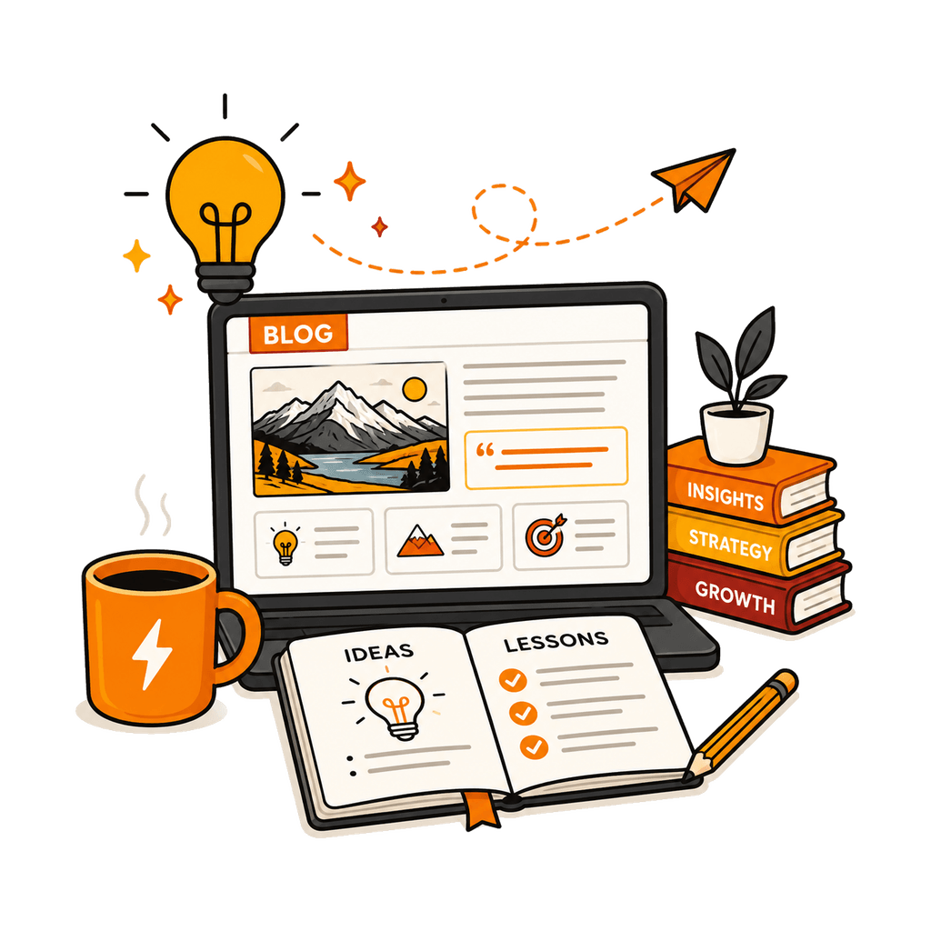 Illustration of the Fully Charged Media blog: digital marketing news and insights, articles and analytics flowing out to share practical growth thinking