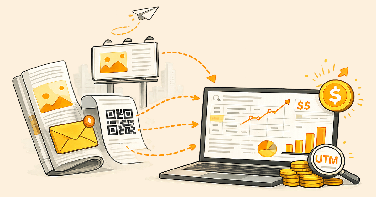 Illustration of tracking QR codes, emails and ads through to revenue in analytics